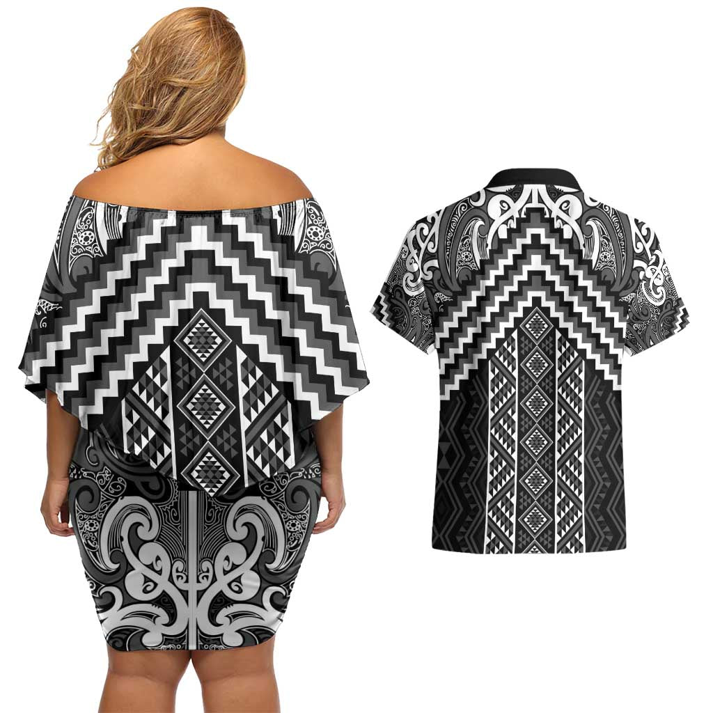Maori Tukutuku Taniko Motifs Couples Matching Off Shoulder Short Dress and Hawaiian Shirt Black Poutama Mix Kowhaiwhai LT7 - Polynesian Pride