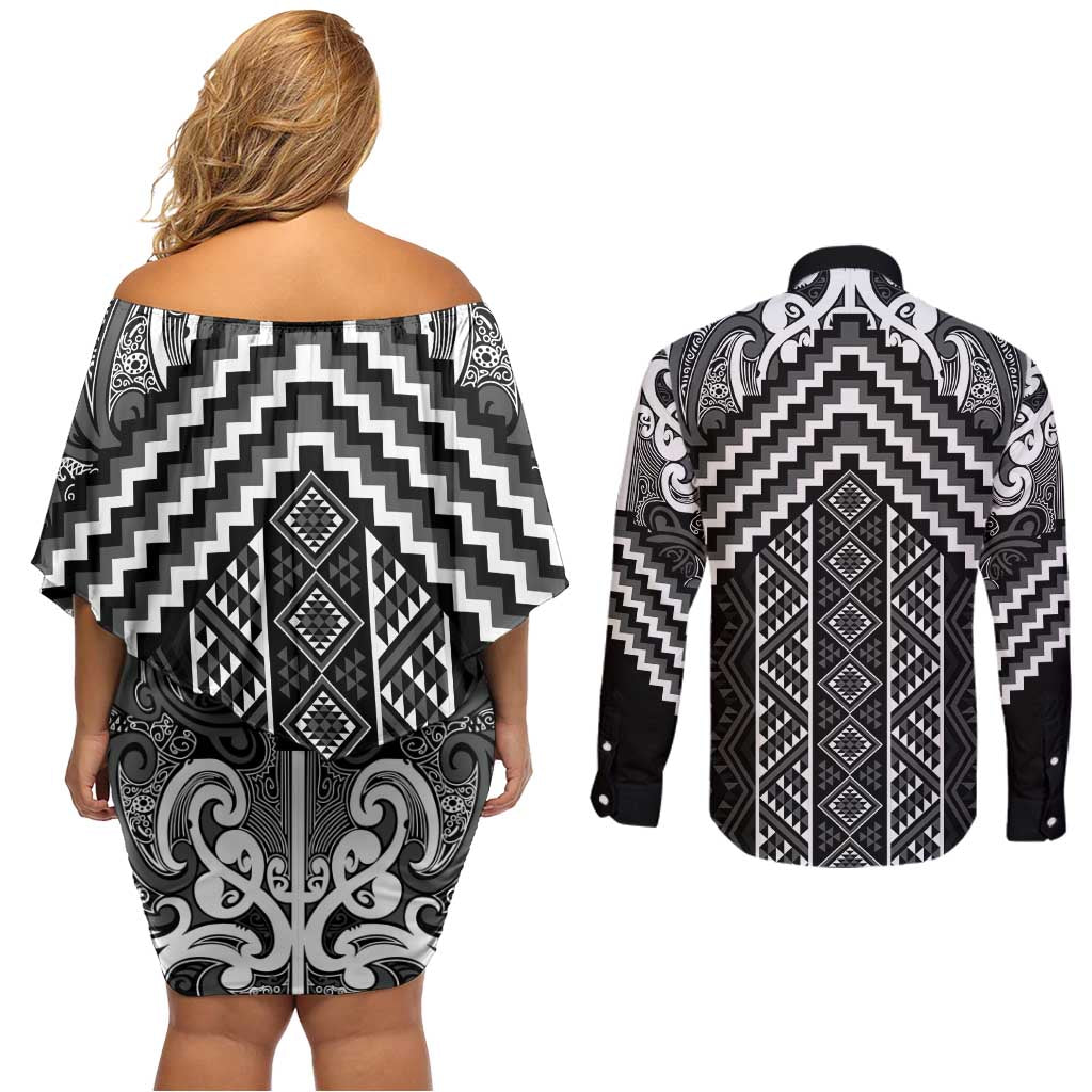 Maori Tukutuku Taniko Motifs Couples Matching Off Shoulder Short Dress and Long Sleeve Button Shirt Black Poutama Mix Kowhaiwhai