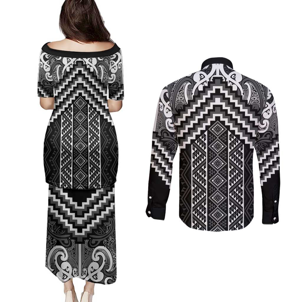 Maori Tukutuku Taniko Motifs Couples Matching Puletasi and Long Sleeve Button Shirt Black Poutama Mix Kowhaiwhai