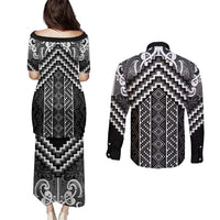 Maori Tukutuku Taniko Motifs Couples Matching Puletasi and Long Sleeve Button Shirt Black Poutama Mix Kowhaiwhai