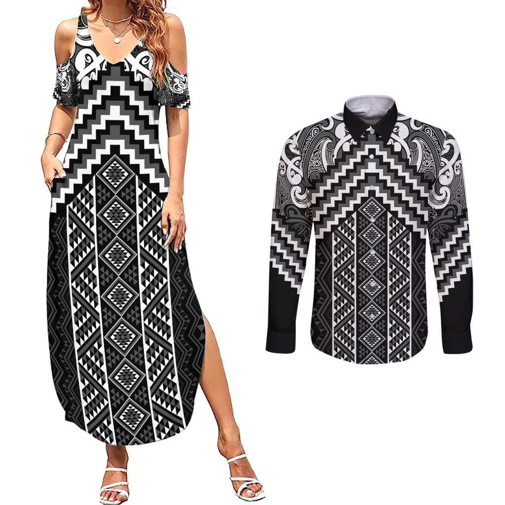 Maori Tukutuku Taniko Motifs Couples Matching Summer Maxi Dress and Long Sleeve Button Shirt Black Poutama Mix Kowhaiwhai