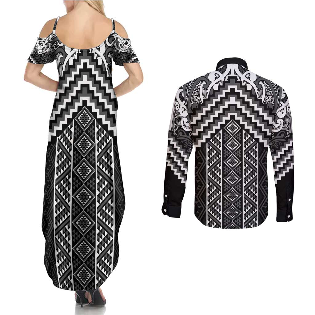 Maori Tukutuku Taniko Motifs Couples Matching Summer Maxi Dress and Long Sleeve Button Shirt Black Poutama Mix Kowhaiwhai