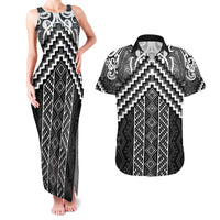 Maori Tukutuku Taniko Motifs Couples Matching Tank Maxi Dress and Hawaiian Shirt Black Poutama Mix Kowhaiwhai LT7 Black - Polynesian Pride