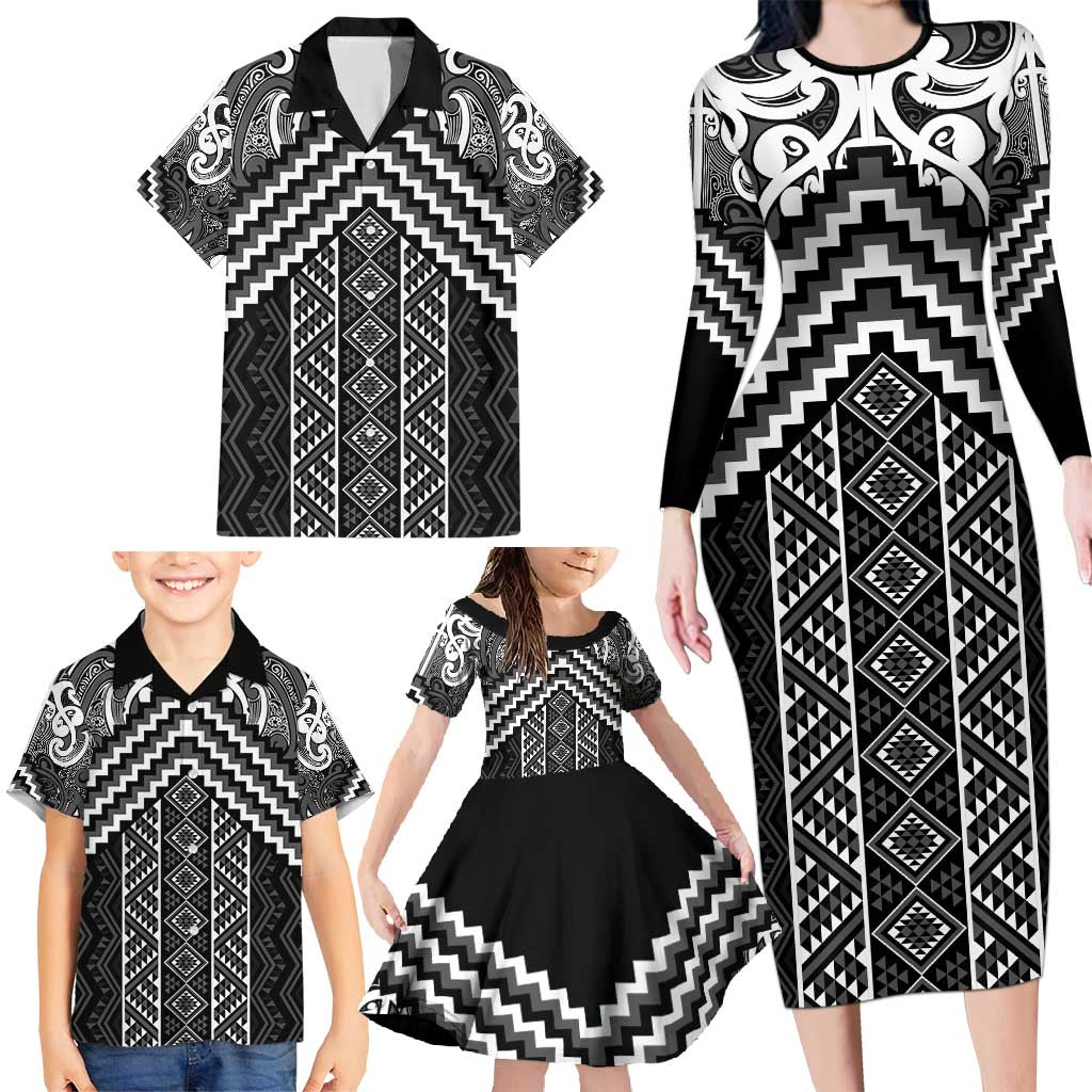 Maori Tukutuku Taniko Motifs Family Matching Long Sleeve Bodycon Dress and Hawaiian Shirt Black Poutama Mix Kowhaiwhai LT7 - Polynesian Pride