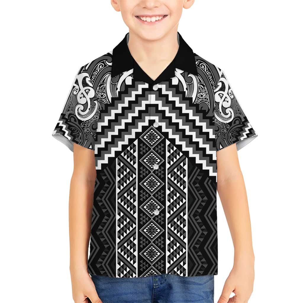 Maori Tukutuku Taniko Motifs Family Matching Long Sleeve Bodycon Dress and Hawaiian Shirt Black Poutama Mix Kowhaiwhai LT7 Son's Shirt Black - Polynesian Pride
