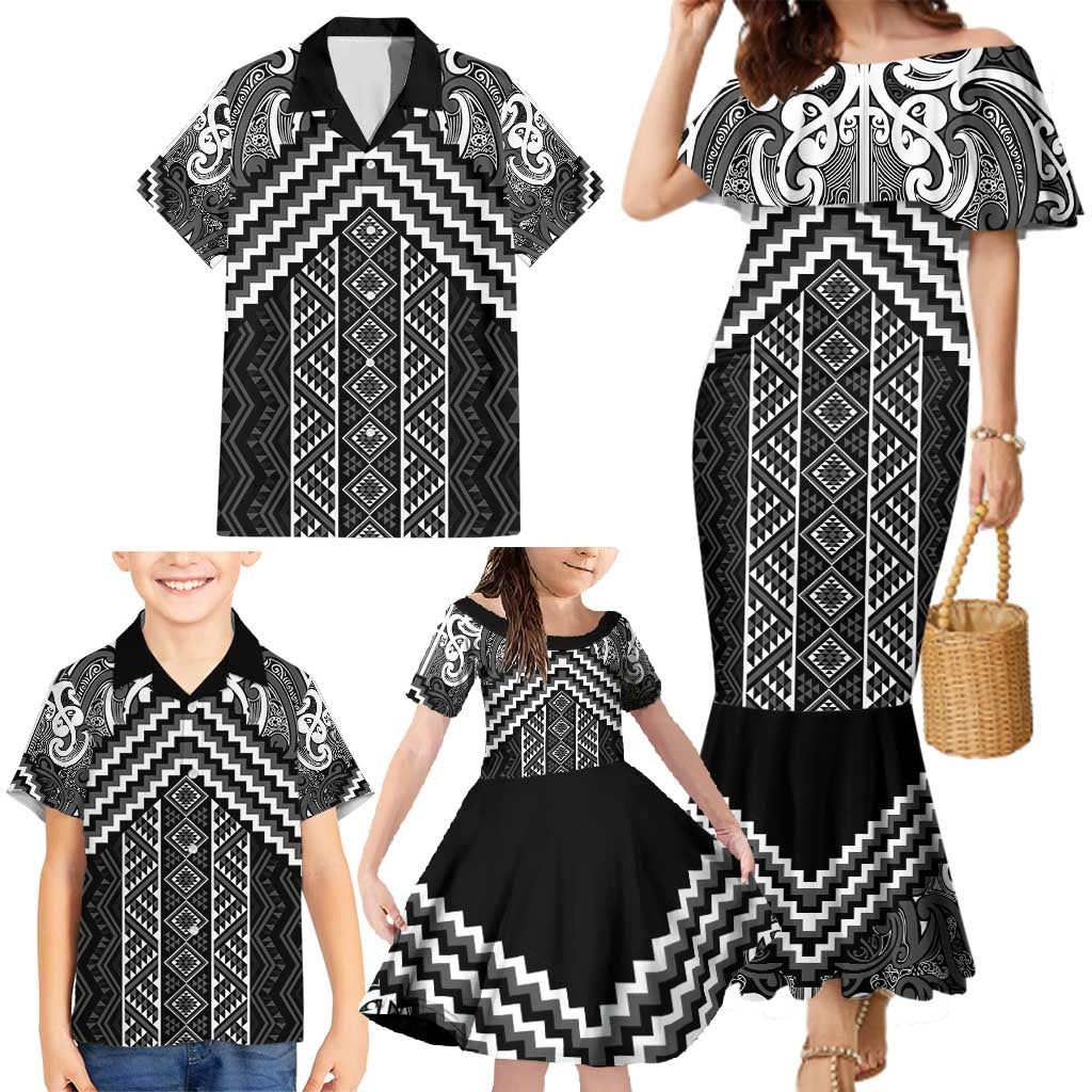 Maori Tukutuku Taniko Motifs Family Matching Mermaid Dress and Hawaiian Shirt Black Poutama Mix Kowhaiwhai LT7 - Polynesian Pride
