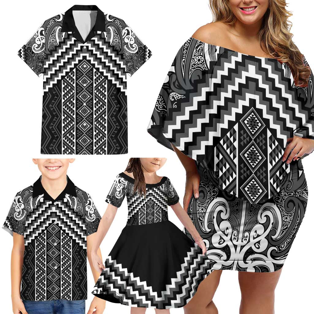 Maori Tukutuku Taniko Motifs Family Matching Off Shoulder Short Dress and Hawaiian Shirt Black Poutama Mix Kowhaiwhai LT7 - Polynesian Pride