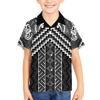 Maori Tukutuku Taniko Motifs Family Matching Off Shoulder Short Dress and Hawaiian Shirt Black Poutama Mix Kowhaiwhai LT7 Son's Shirt Black - Polynesian Pride