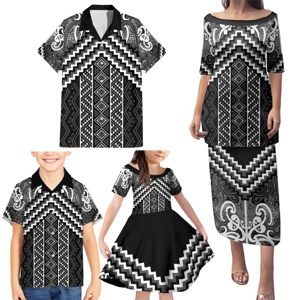Maori Tukutuku Taniko Motifs Family Matching Puletasi and Hawaiian Shirt Black Poutama Mix Kowhaiwhai