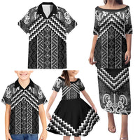 Maori Tukutuku Taniko Motifs Family Matching Puletasi and Hawaiian Shirt Black Poutama Mix Kowhaiwhai