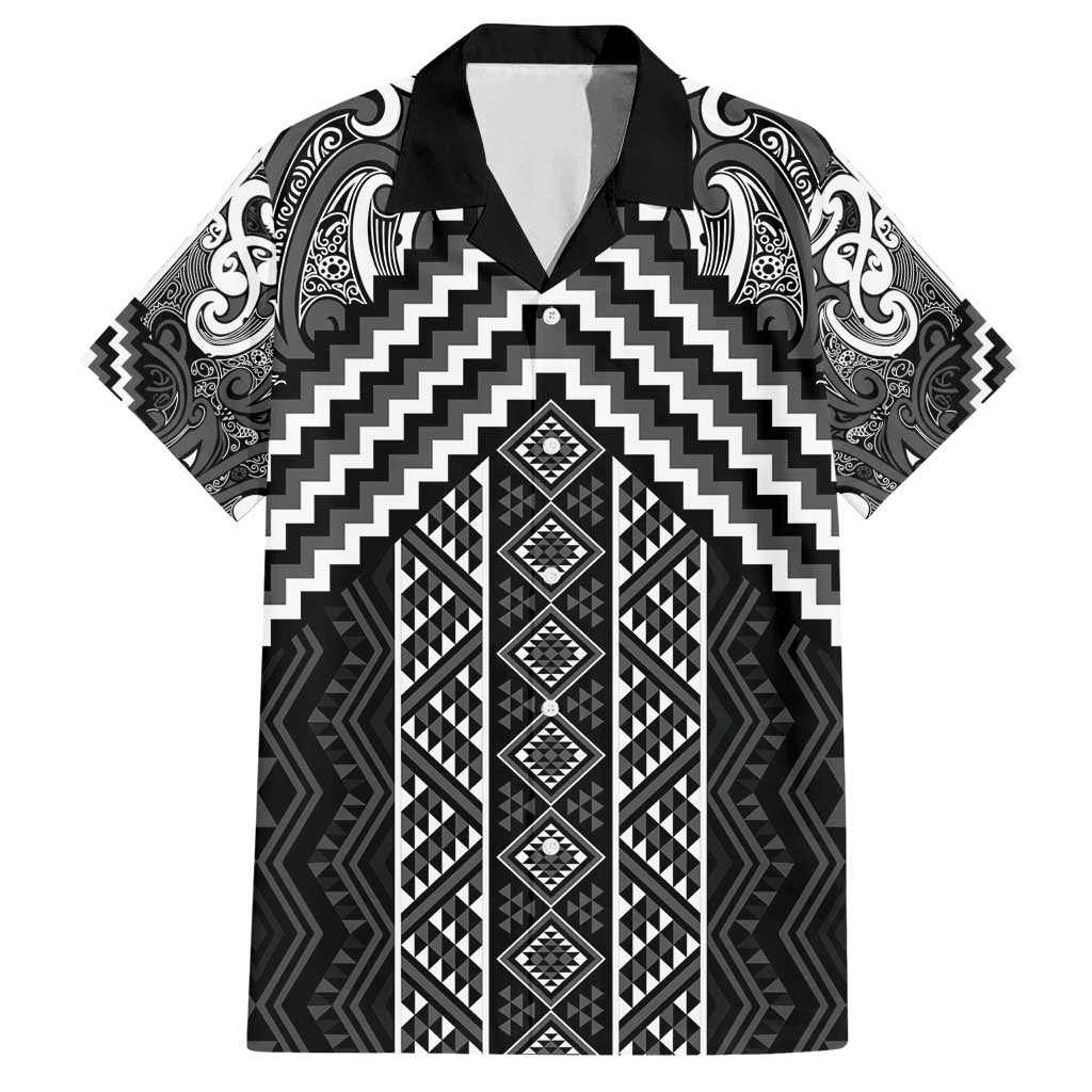 Maori Tukutuku Taniko Motifs Family Matching Puletasi and Hawaiian Shirt Black Poutama Mix Kowhaiwhai
