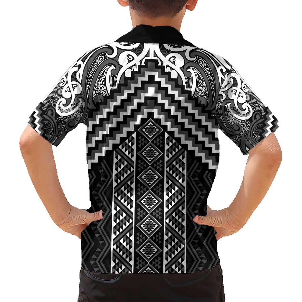 Maori Tukutuku Taniko Motifs Family Matching Short Sleeve Bodycon Dress and Hawaiian Shirt Black Poutama Mix Kowhaiwhai LT7 - Polynesian Pride