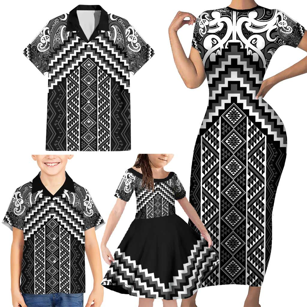 Maori Tukutuku Taniko Motifs Family Matching Short Sleeve Bodycon Dress and Hawaiian Shirt Black Poutama Mix Kowhaiwhai LT7 - Polynesian Pride