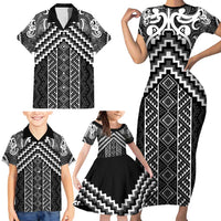 Maori Tukutuku Taniko Motifs Family Matching Short Sleeve Bodycon Dress and Hawaiian Shirt Black Poutama Mix Kowhaiwhai LT7 - Polynesian Pride