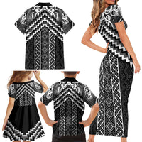 Maori Tukutuku Taniko Motifs Family Matching Short Sleeve Bodycon Dress and Hawaiian Shirt Black Poutama Mix Kowhaiwhai LT7 - Polynesian Pride