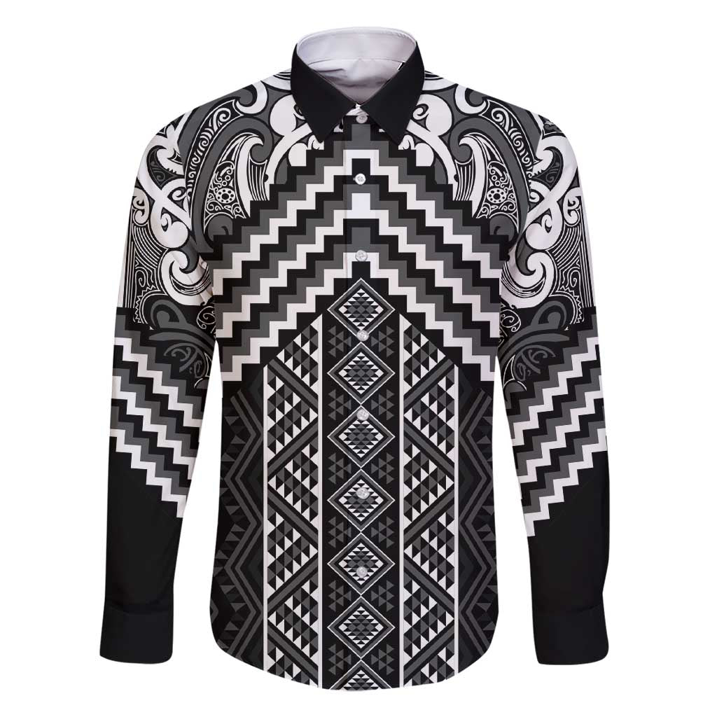 Maori Tukutuku Taniko Motifs Family Matching Short Sleeve Bodycon Dress and Hawaiian Shirt Black Poutama Mix Kowhaiwhai LT7 Dad's Shirt - Long Sleeve Black - Polynesian Pride
