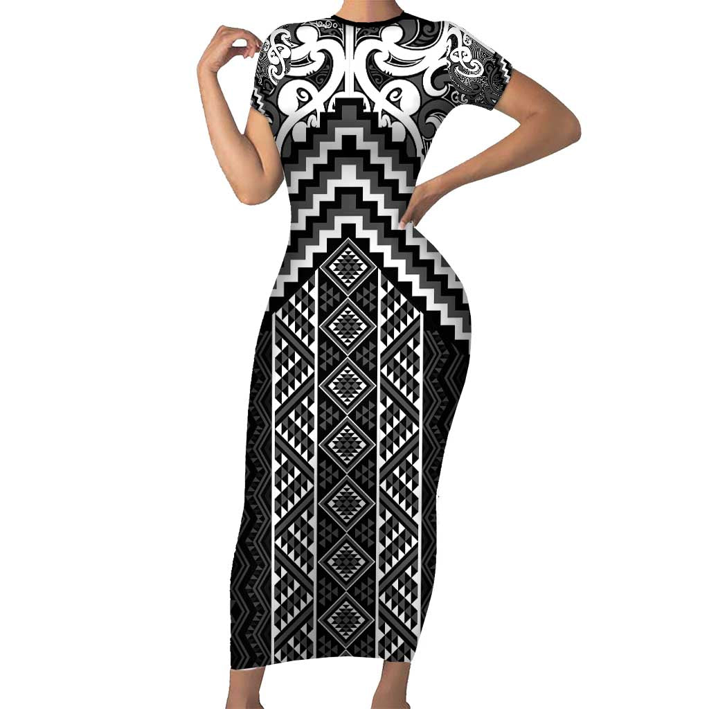 Maori Tukutuku Taniko Motifs Family Matching Short Sleeve Bodycon Dress and Hawaiian Shirt Black Poutama Mix Kowhaiwhai LT7 Mom's Dress Black - Polynesian Pride