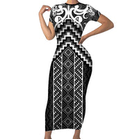 Maori Tukutuku Taniko Motifs Family Matching Short Sleeve Bodycon Dress and Hawaiian Shirt Black Poutama Mix Kowhaiwhai LT7 Mom's Dress Black - Polynesian Pride
