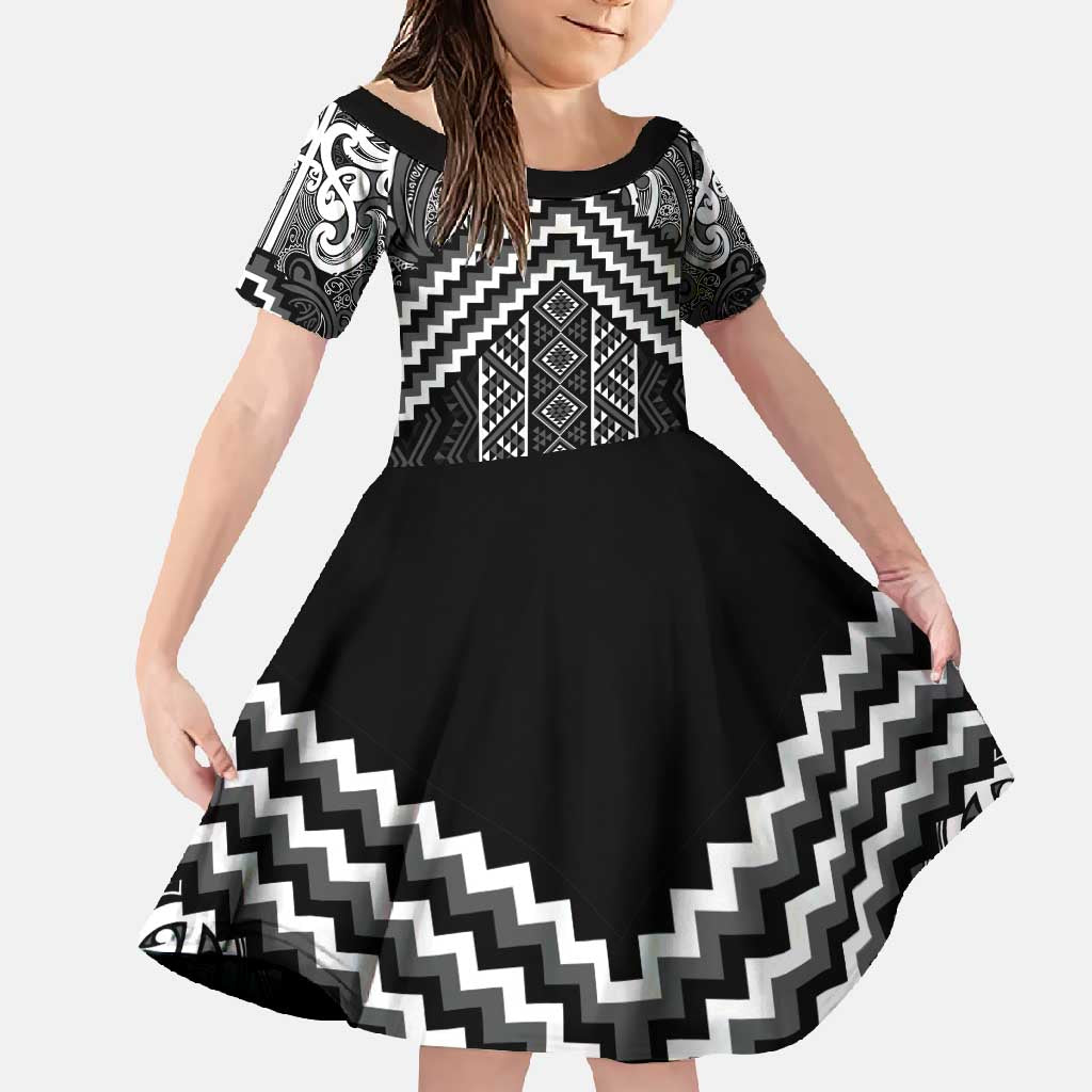 Maori Tukutuku Taniko Motifs Family Matching Summer Maxi Dress and Hawaiian Shirt Black Poutama Mix Kowhaiwhai LT7 Daughter's Dress Black - Polynesian Pride