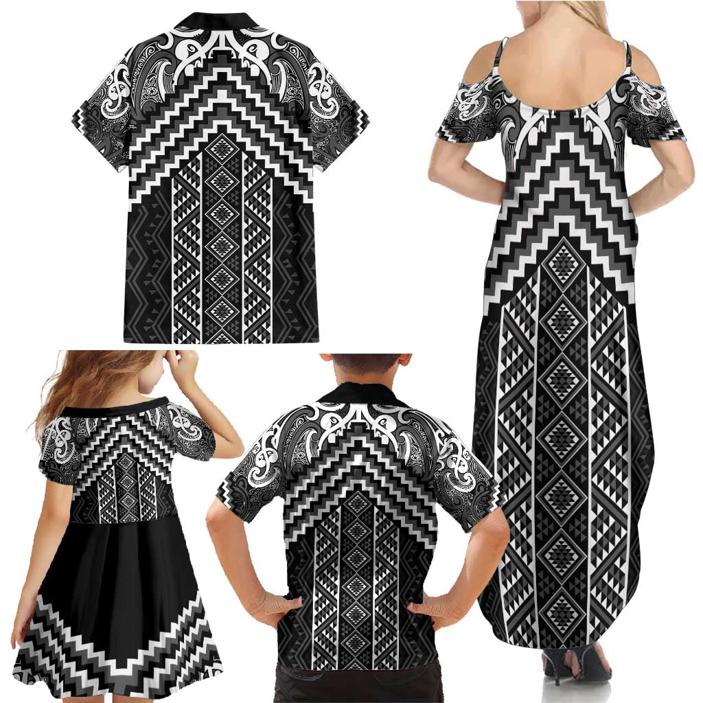 Maori Tukutuku Taniko Motifs Family Matching Summer Maxi Dress and Hawaiian Shirt Black Poutama Mix Kowhaiwhai LT7 - Polynesian Pride