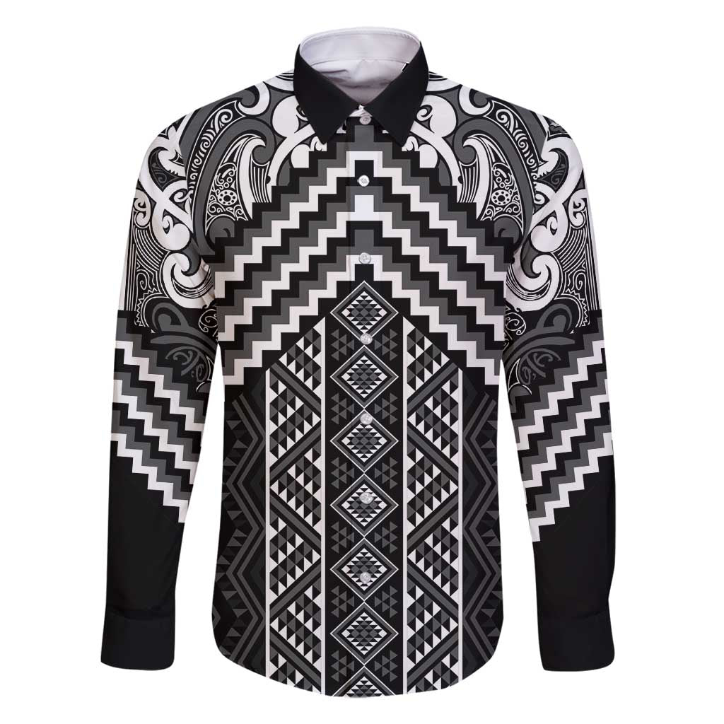 Maori Tukutuku Taniko Motifs Family Matching Summer Maxi Dress and Hawaiian Shirt Black Poutama Mix Kowhaiwhai LT7 Dad's Shirt - Long Sleeve Black - Polynesian Pride