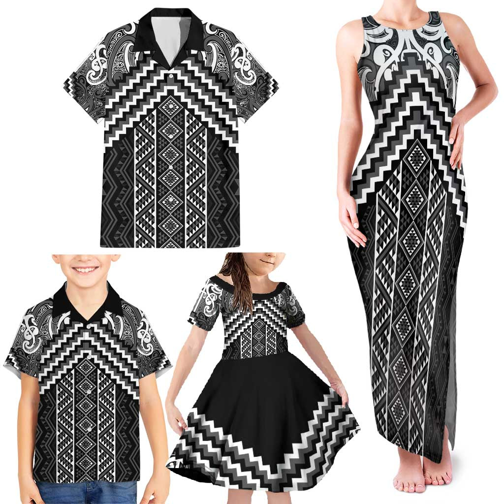 Maori Tukutuku Taniko Motifs Family Matching Tank Maxi Dress and Hawaiian Shirt Black Poutama Mix Kowhaiwhai LT7 - Polynesian Pride