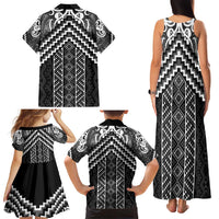 Maori Tukutuku Taniko Motifs Family Matching Tank Maxi Dress and Hawaiian Shirt Black Poutama Mix Kowhaiwhai LT7 - Polynesian Pride