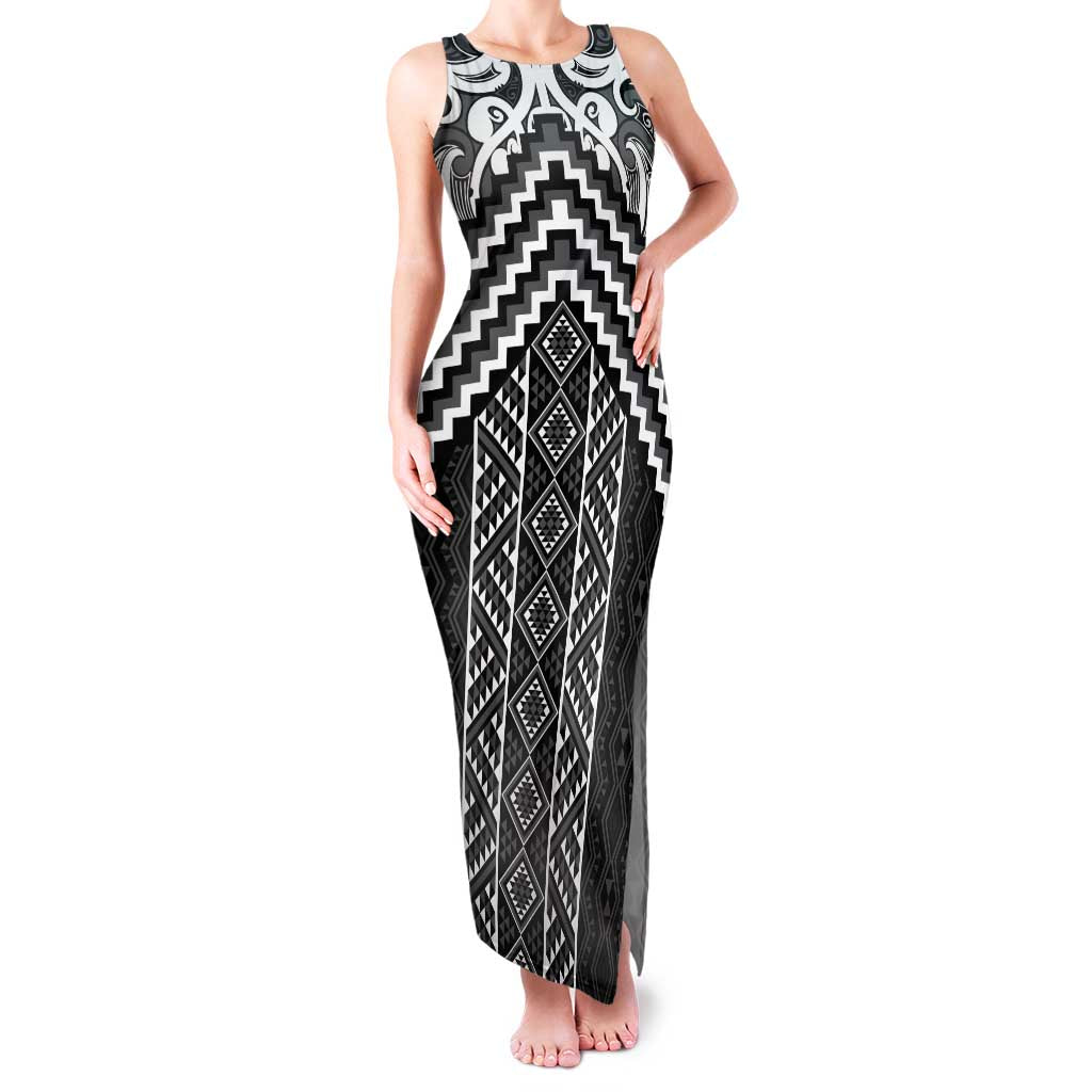 Maori Tukutuku Taniko Motifs Family Matching Tank Maxi Dress and Hawaiian Shirt Black Poutama Mix Kowhaiwhai LT7 Mom's Dress Black - Polynesian Pride