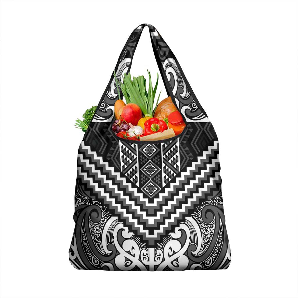 Maori Tukutuku Taniko Motifs Grocery Bag Black Poutama Mix Kowhaiwhai
