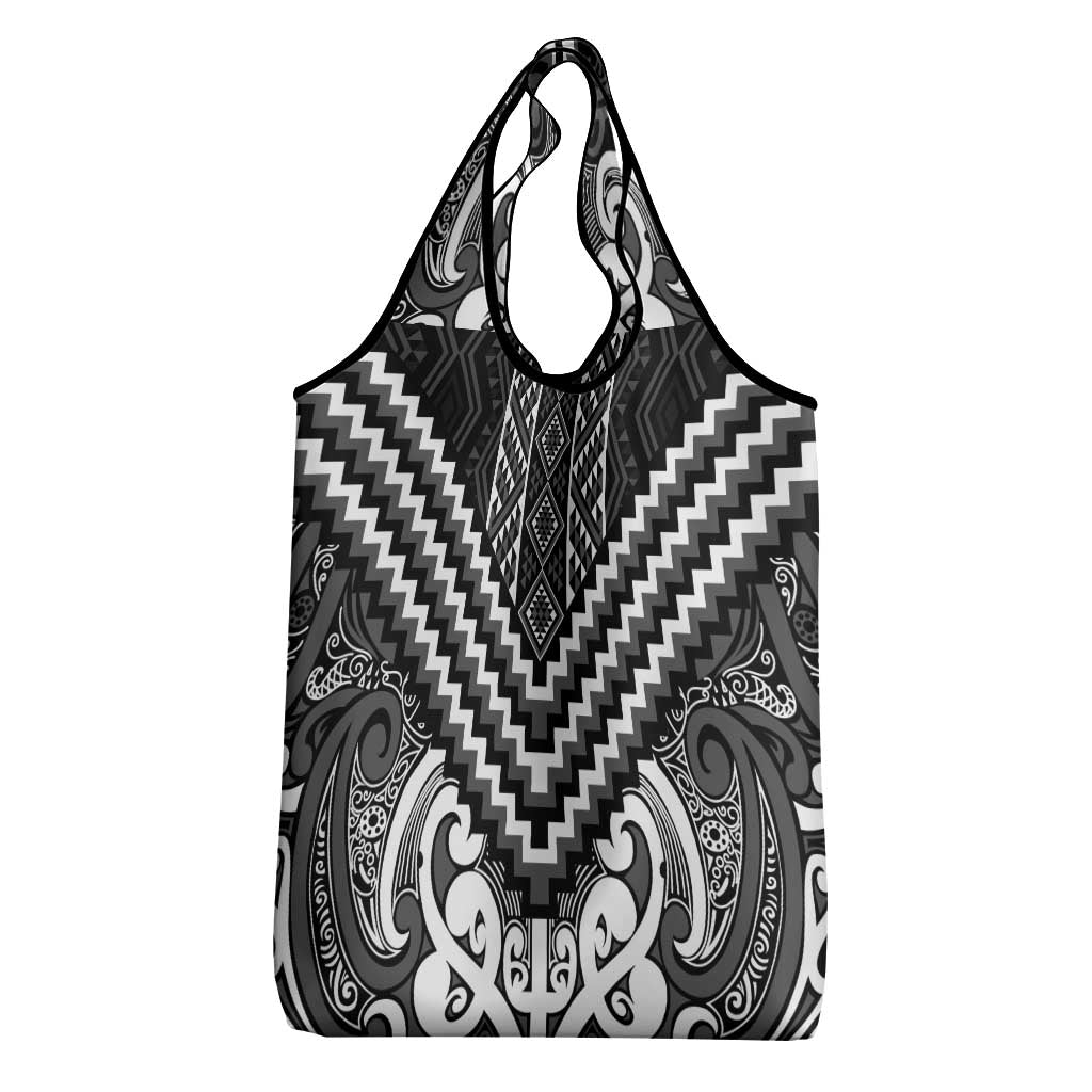 Maori Tukutuku Taniko Motifs Grocery Bag Black Poutama Mix Kowhaiwhai