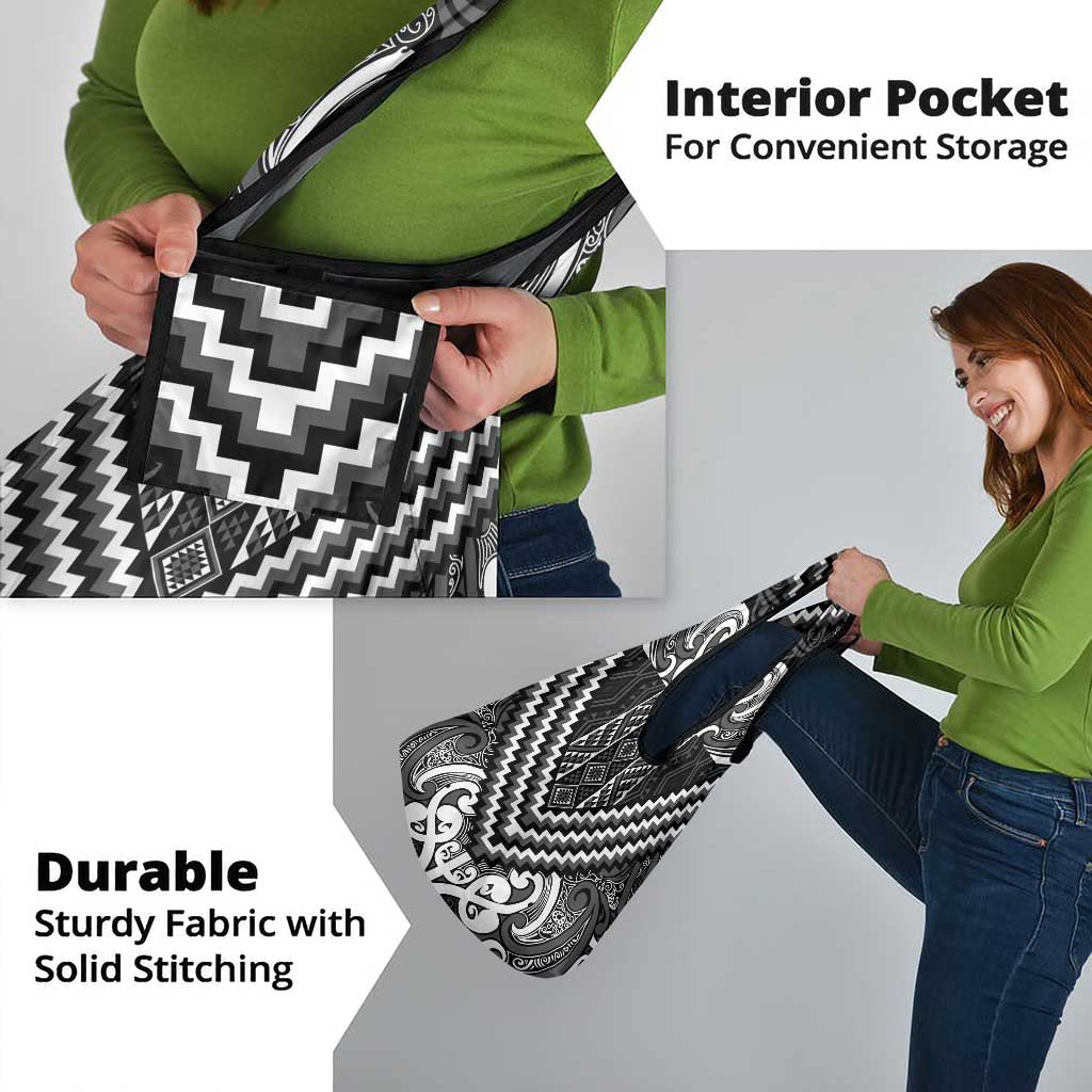 Maori Tukutuku Taniko Motifs Grocery Bag Black Poutama Mix Kowhaiwhai