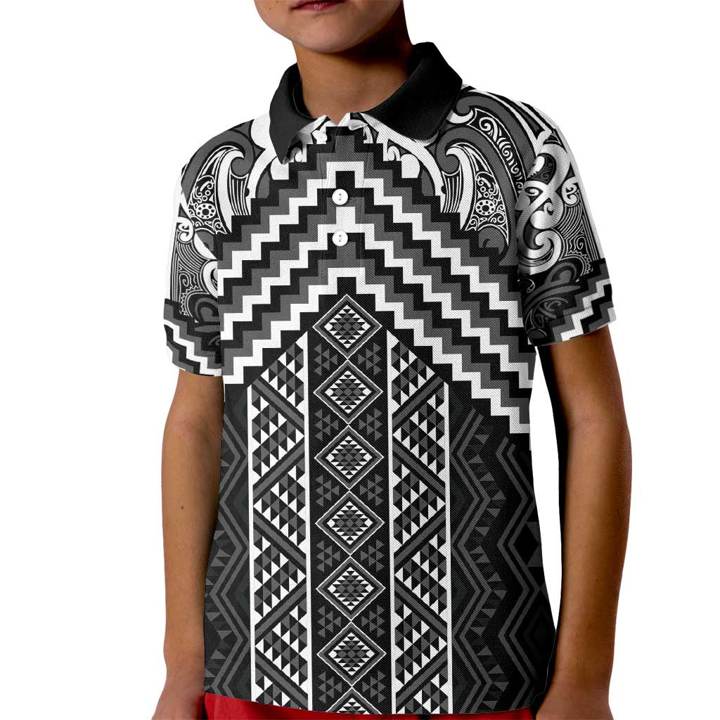 Maori Tukutuku Taniko Motifs Kid Polo Shirt Black Poutama Mix Kowhaiwhai LT7 Kid Black - Polynesian Pride