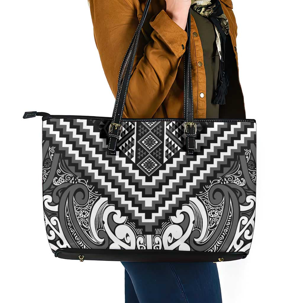 Maori Tukutuku Taniko Motifs Leather Tote Bag Black Poutama Mix Kowhaiwhai LT7 - Polynesian Pride