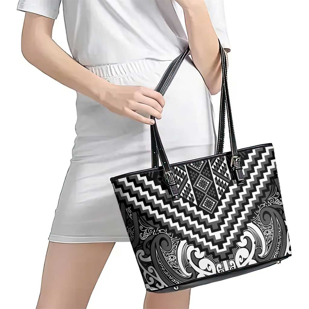 Maori Tukutuku Taniko Motifs Leather Tote Bag Black Poutama Mix Kowhaiwhai LT7 - Polynesian Pride