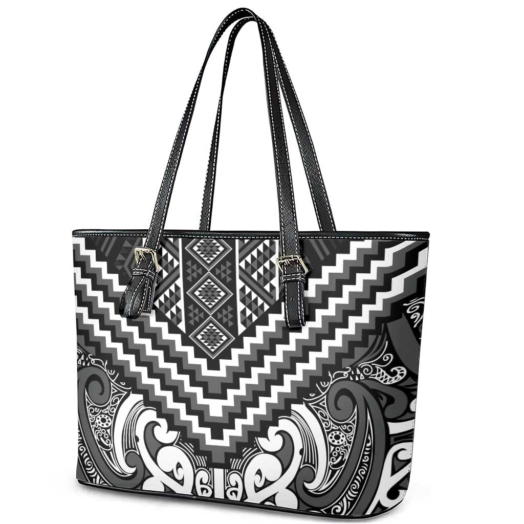 Maori Tukutuku Taniko Motifs Leather Tote Bag Black Poutama Mix Kowhaiwhai LT7 - Polynesian Pride
