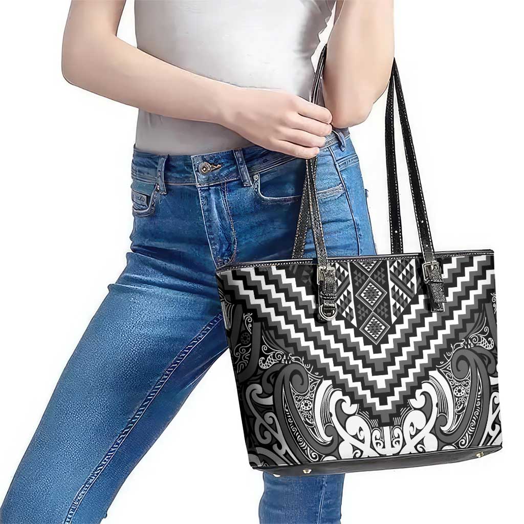 Maori Tukutuku Taniko Motifs Leather Tote Bag Black Poutama Mix Kowhaiwhai LT7 - Polynesian Pride