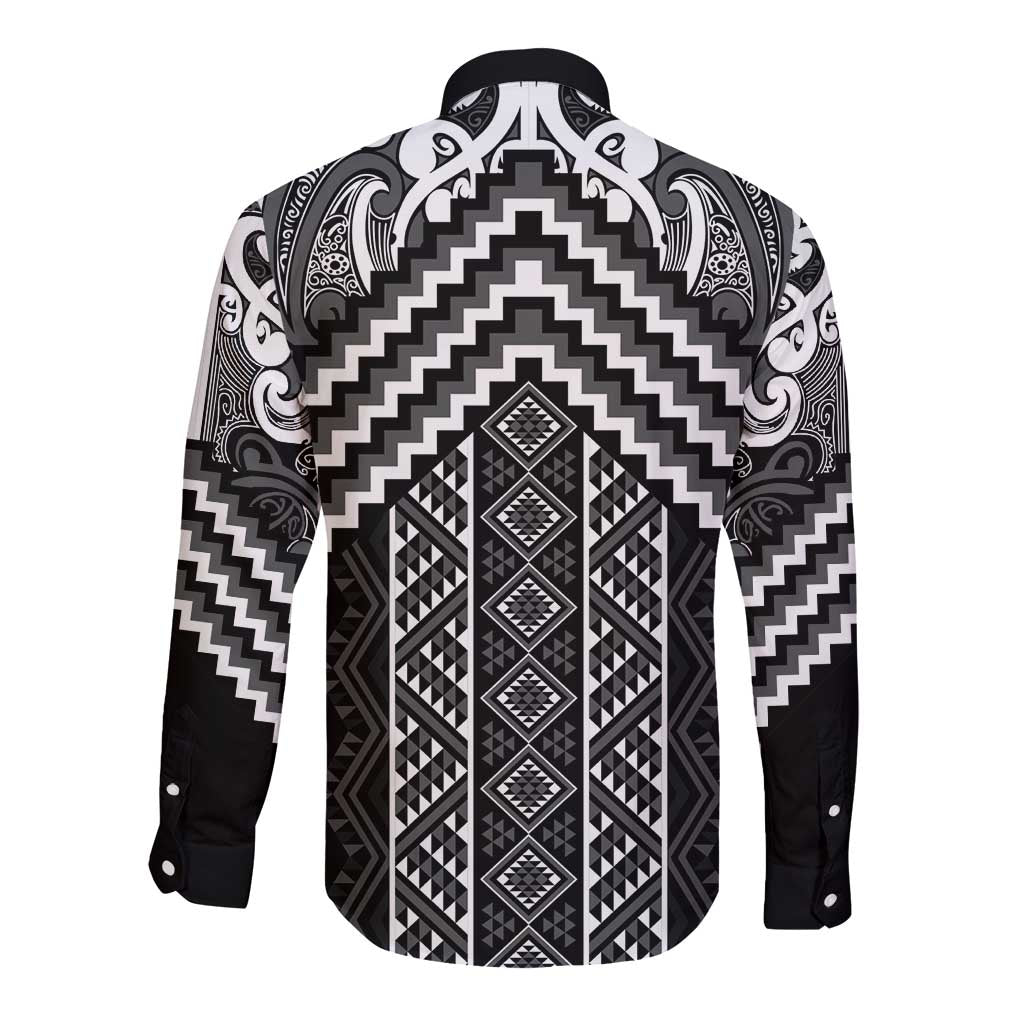 Maori Tukutuku Taniko Motifs Long Sleeve Button Shirt Black Poutama Mix Kowhaiwhai LT7 - Polynesian Pride