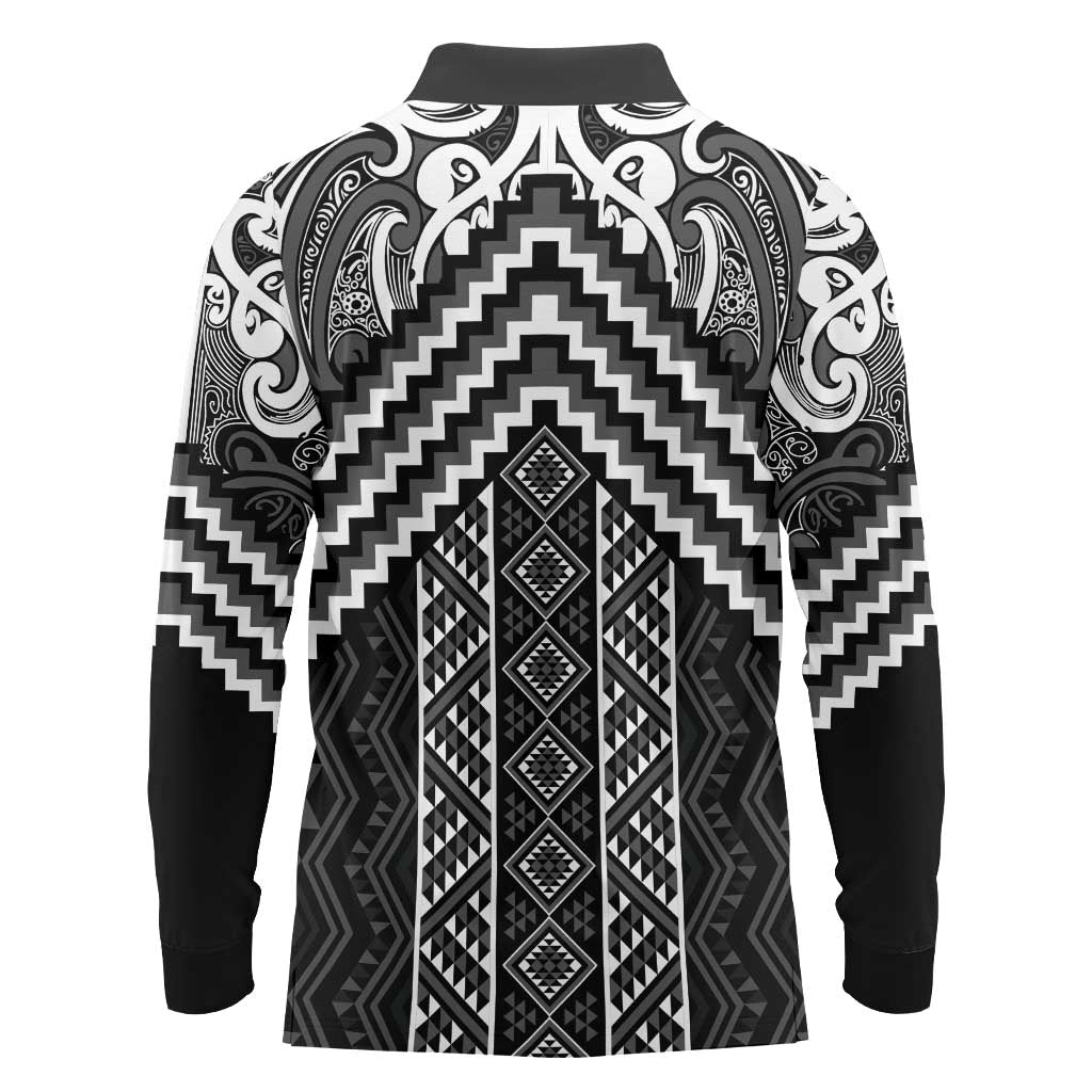 Maori Tukutuku Taniko Motifs Long Sleeve Polo Shirt Black Poutama Mix Kowhaiwhai
