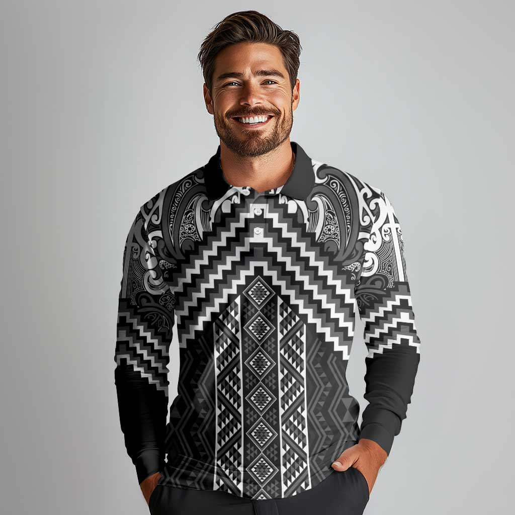 Maori Tukutuku Taniko Motifs Long Sleeve Polo Shirt Black Poutama Mix Kowhaiwhai