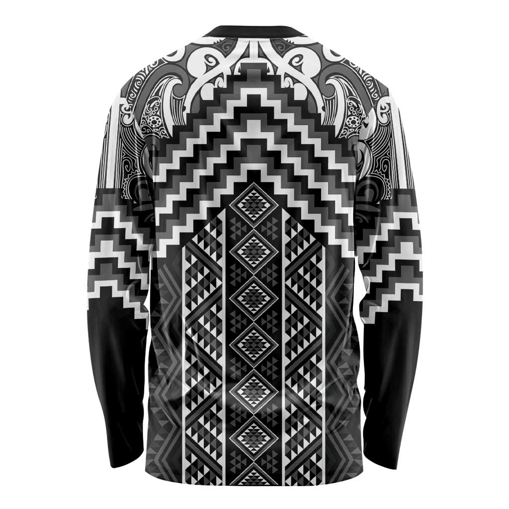 Maori Tukutuku Taniko Motifs Long Sleeve Shirt Black Poutama Mix Kowhaiwhai LT7 - Polynesian Pride