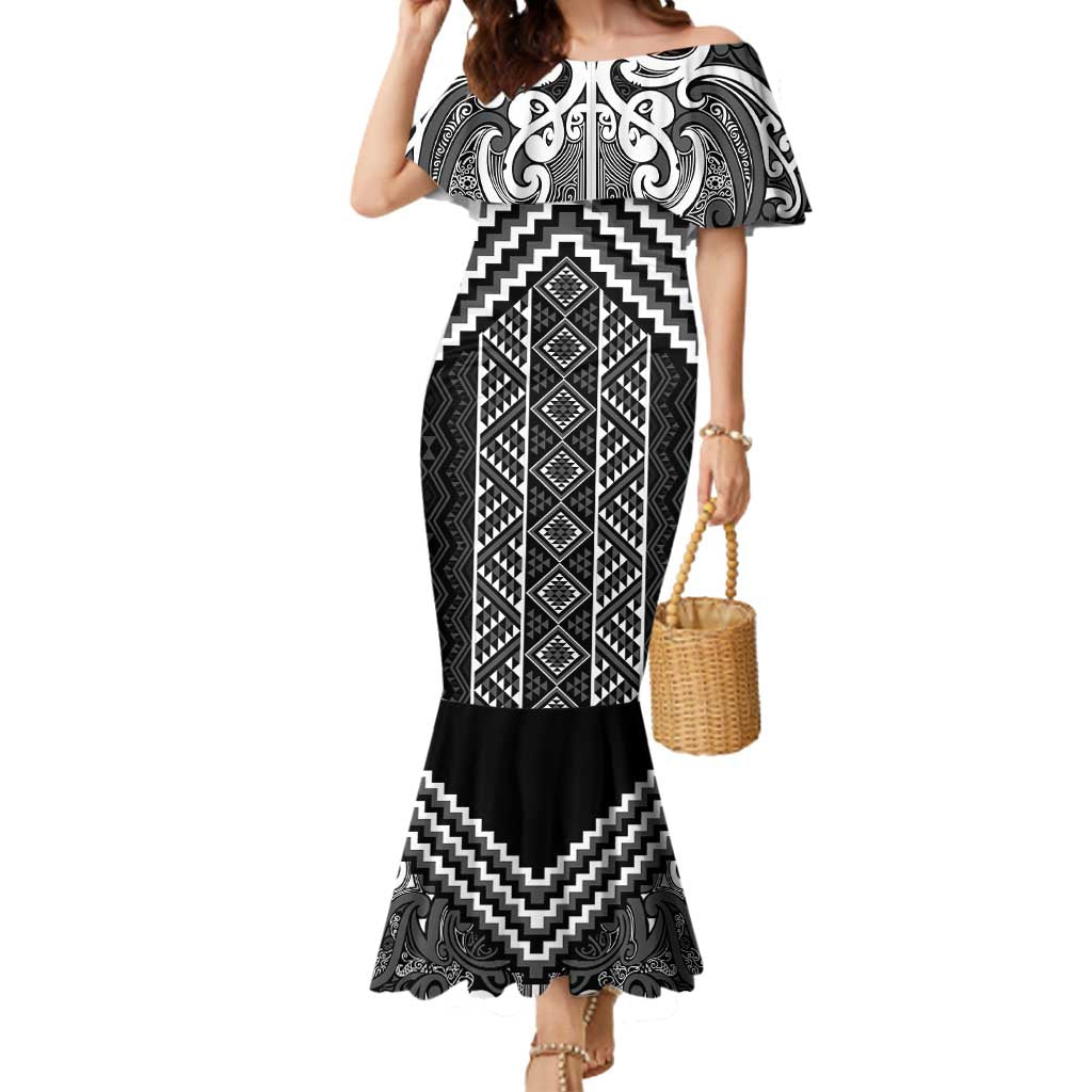 Maori Tukutuku Taniko Motifs Mermaid Dress Black Poutama Mix Kowhaiwhai