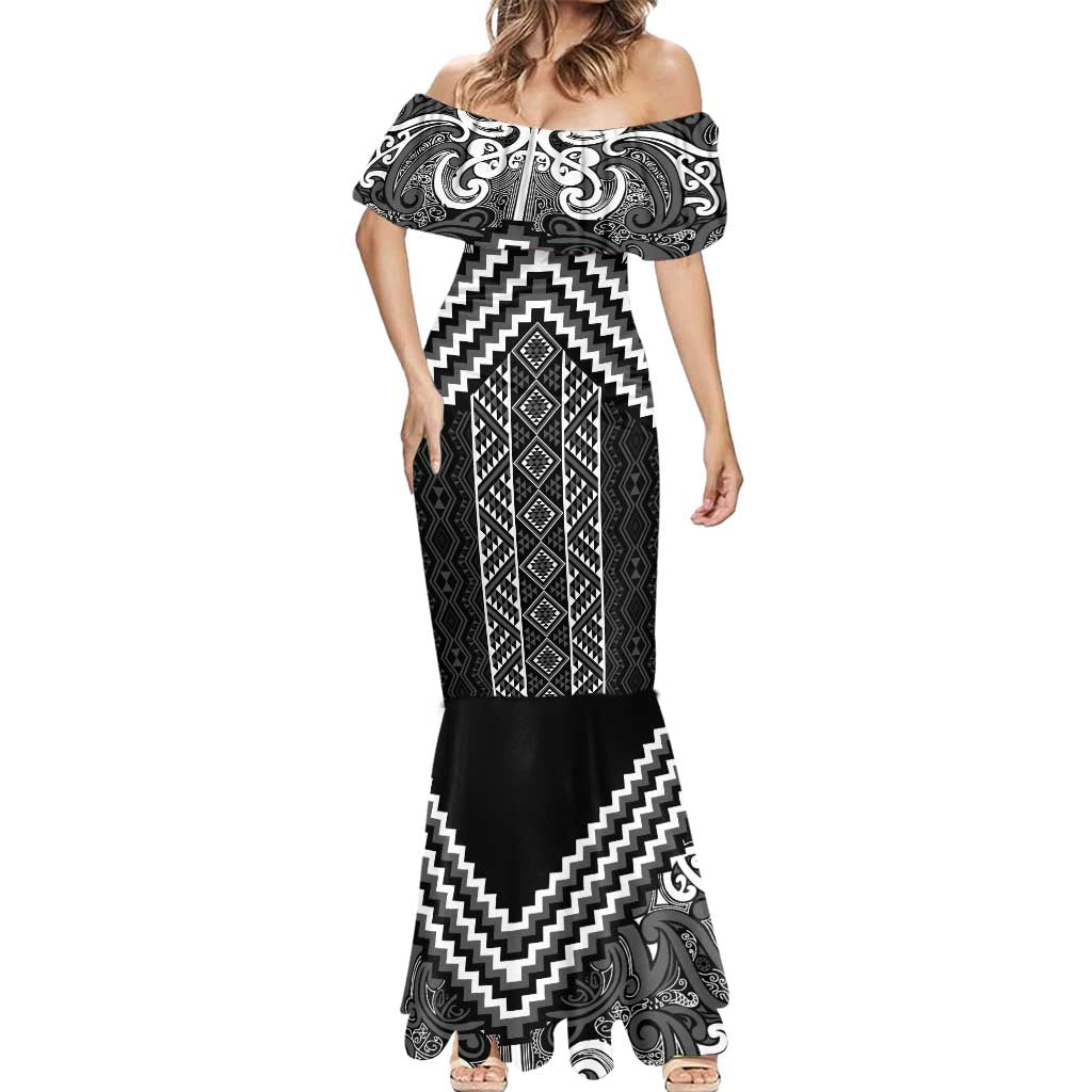 Maori Tukutuku Taniko Motifs Mermaid Dress Black Poutama Mix Kowhaiwhai