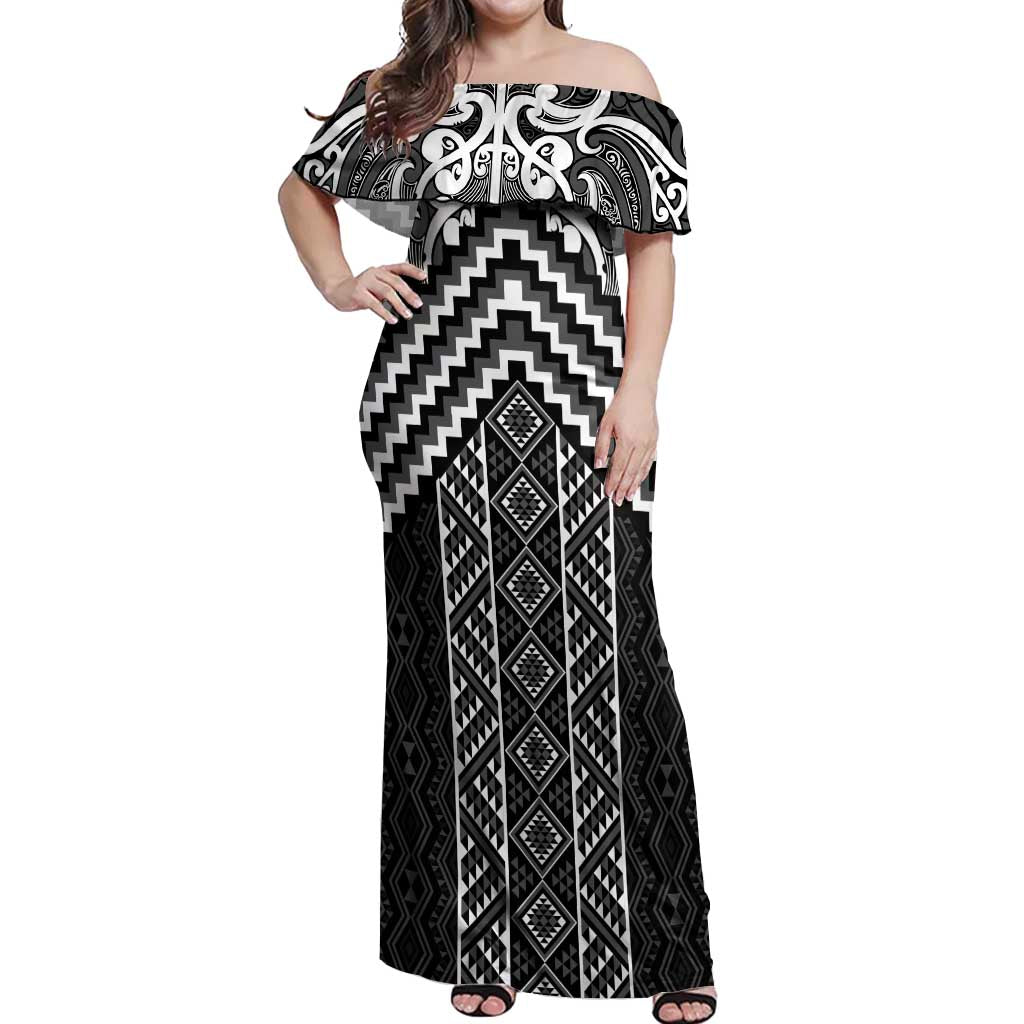 Maori Tukutuku Taniko Motifs Off Shoulder Maxi Dress Black Poutama Mix Kowhaiwhai