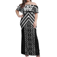 Maori Tukutuku Taniko Motifs Off Shoulder Maxi Dress Black Poutama Mix Kowhaiwhai