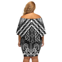 Maori Tukutuku Taniko Motifs Off Shoulder Short Dress Black Poutama Mix Kowhaiwhai