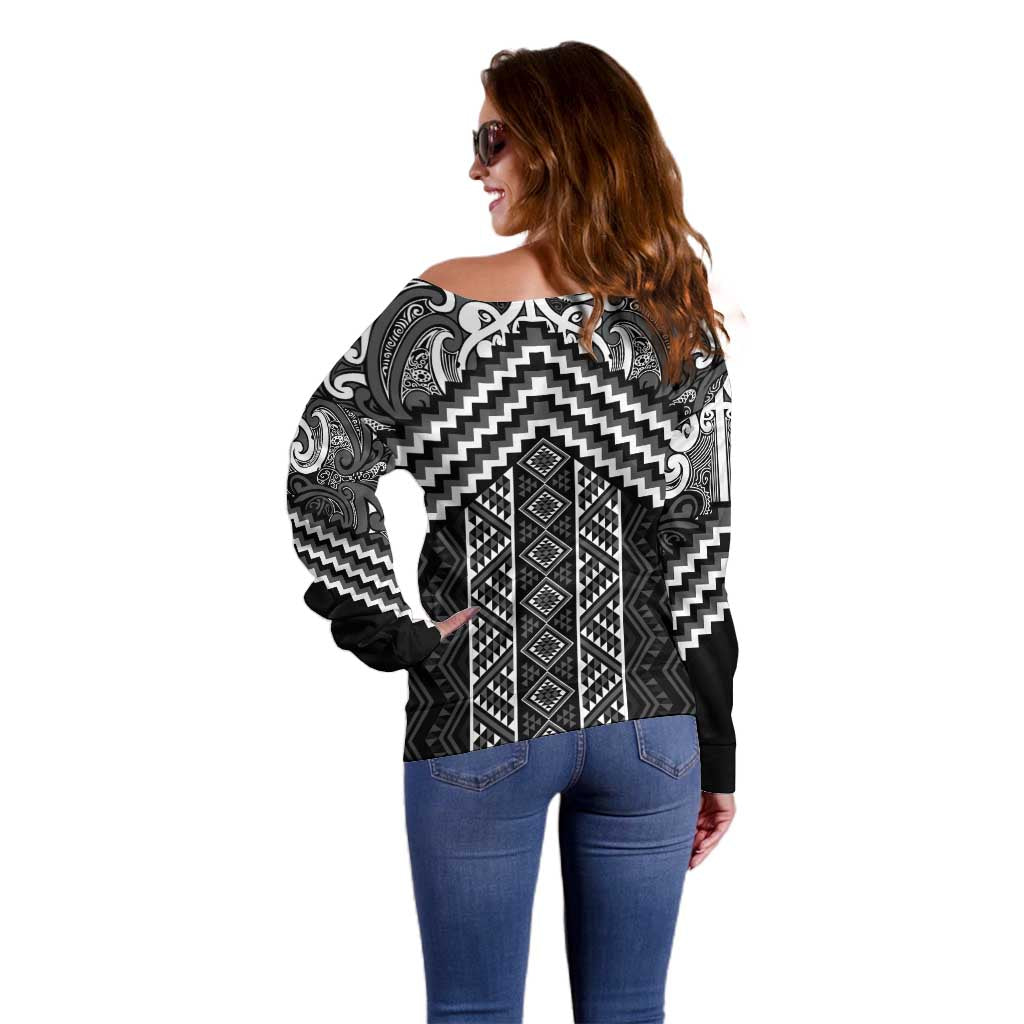 Maori Tukutuku Taniko Motifs Off Shoulder Sweater Black Poutama Mix Kowhaiwhai
