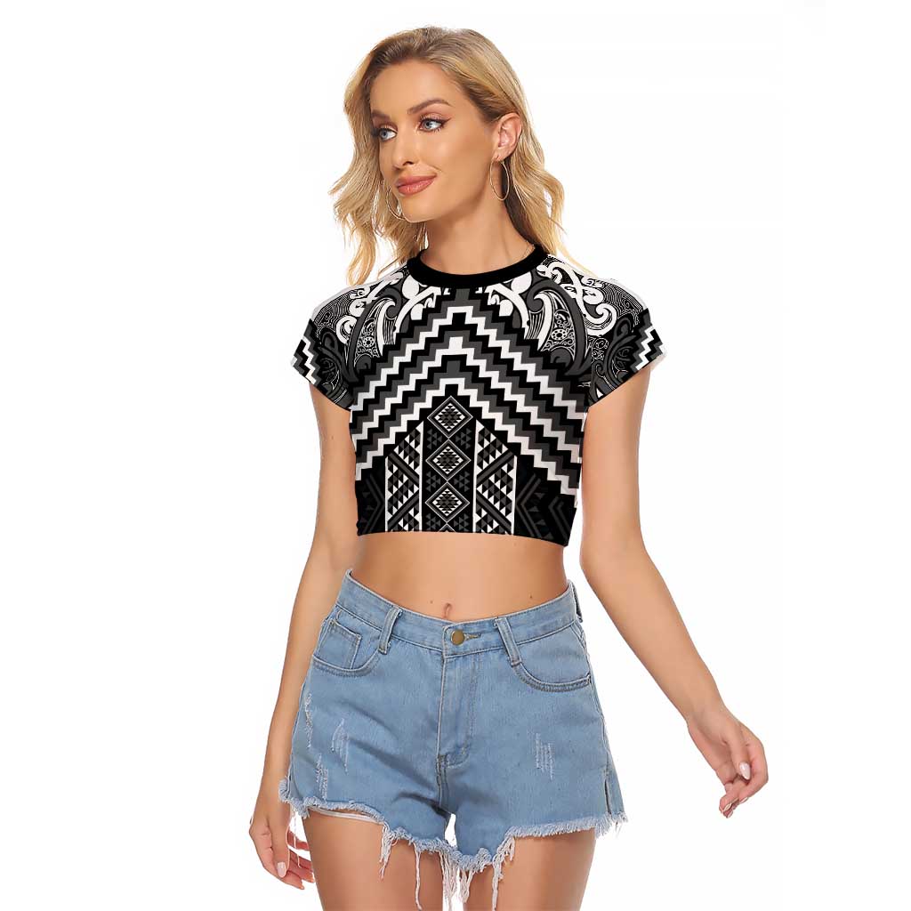 Maori Tukutuku Taniko Motifs Raglan Cropped T Shirt Black Poutama Mix Kowhaiwhai LT7 Female Black - Polynesian Pride