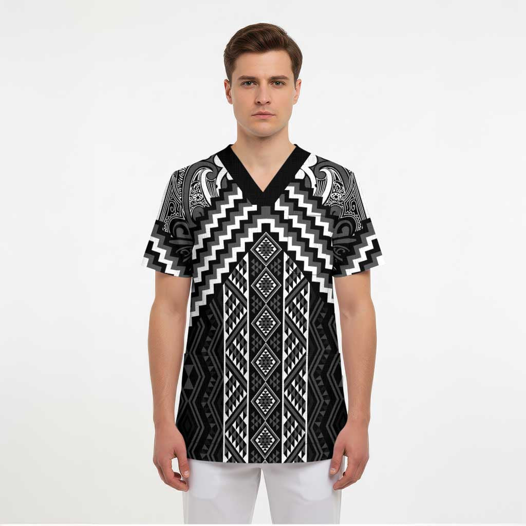 Maori Tukutuku Taniko Motifs Scrub Top Black Poutama Mix Kowhaiwhai - Polynesian Pride