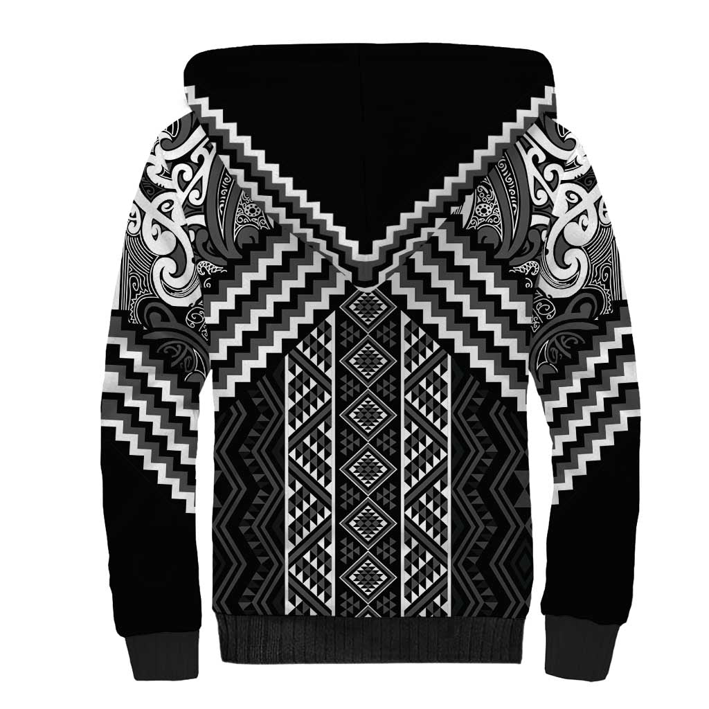 Maori Tukutuku Taniko Motifs Sherpa Hoodie Black Poutama Mix Kowhaiwhai