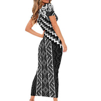 Maori Tukutuku Taniko Motifs Short Sleeve Bodycon Dress Black Poutama Mix Kowhaiwhai